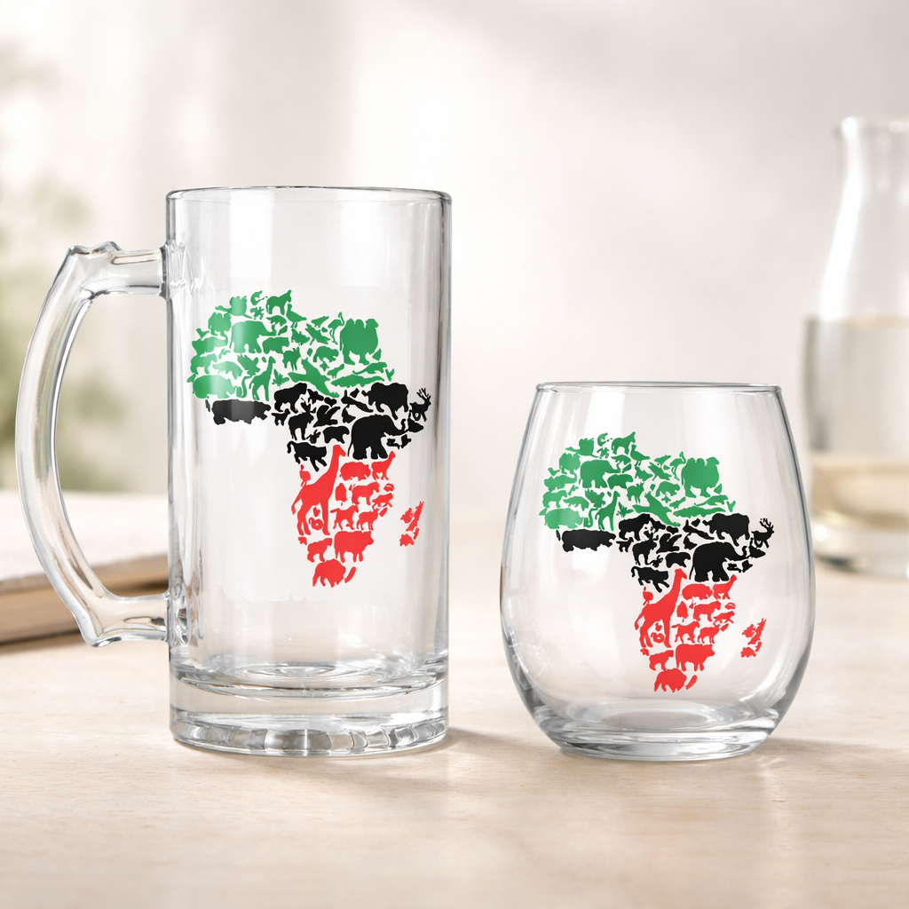 African Animal Beer Mug & Stemless Wine Glass