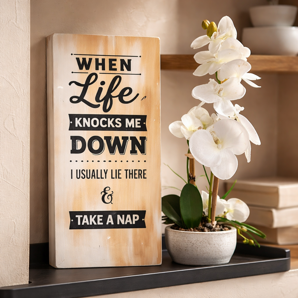 “When Life Knocks Me Down” Funny Inspirational Wooden Sign
