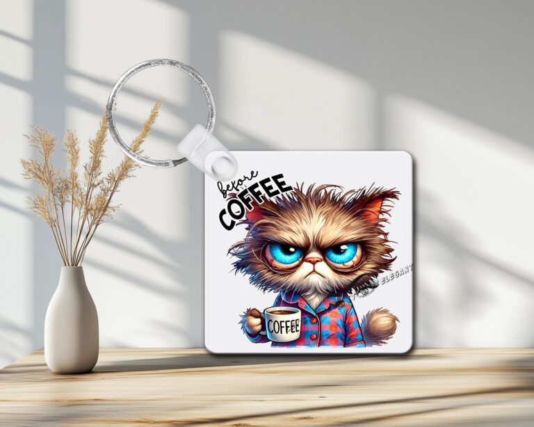 Before Coffee Cat Photo Key Ring