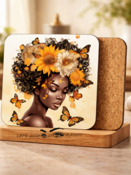 Sunflower Butterfly Afro Cork-Back Coaster